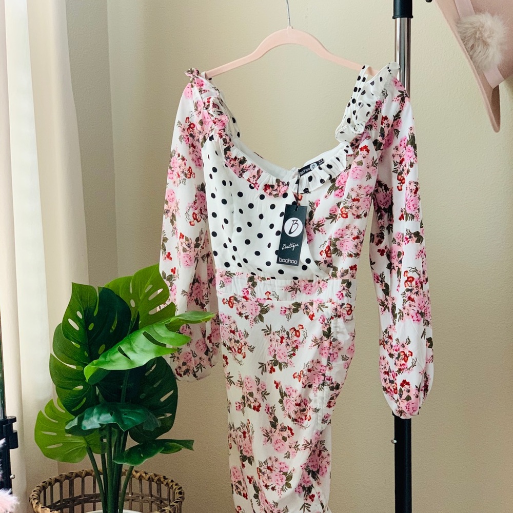 Boohoo Mixed Print Ruffle Mini Dress